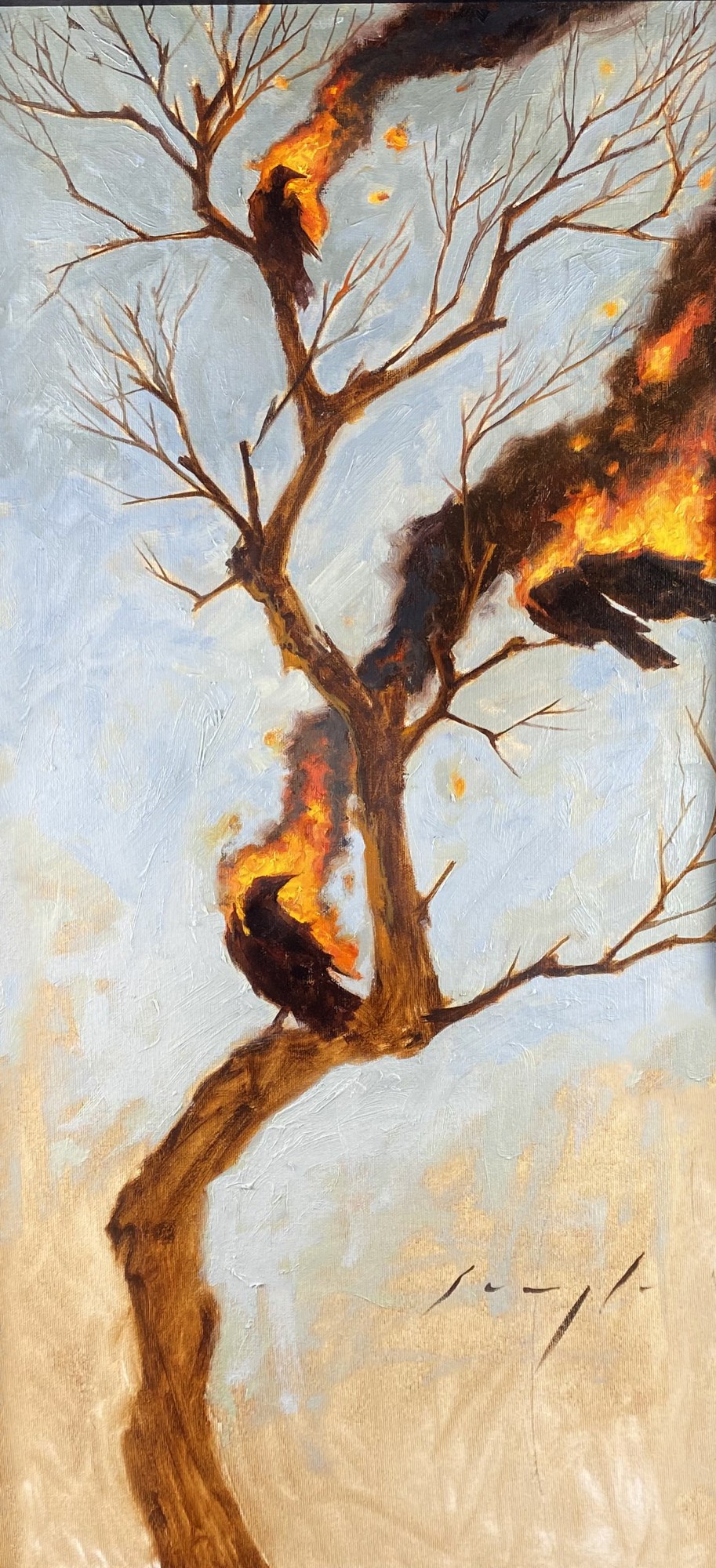 Burning crows sitting in a barren tree