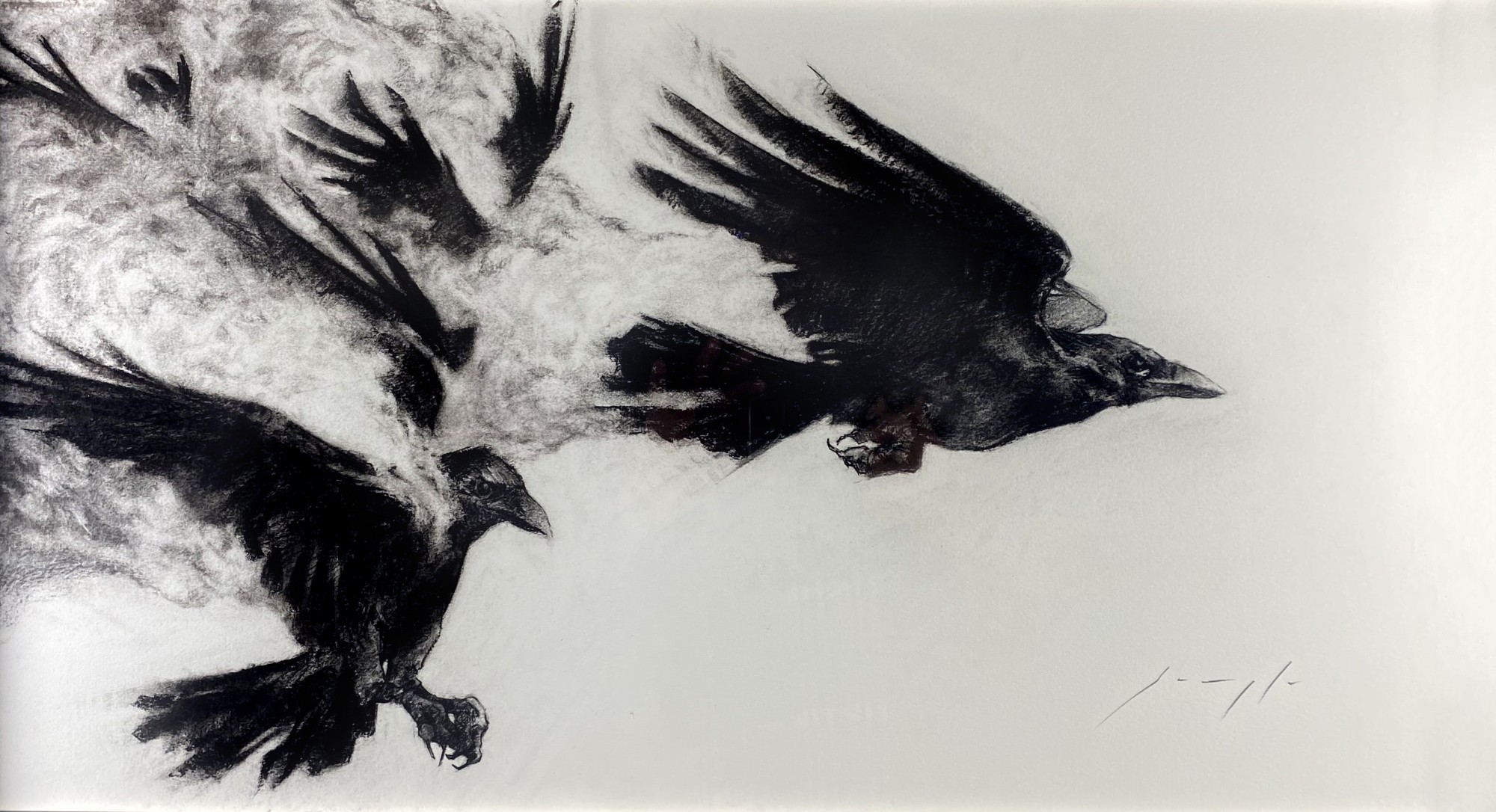 Crows flying out of a cloud of flame