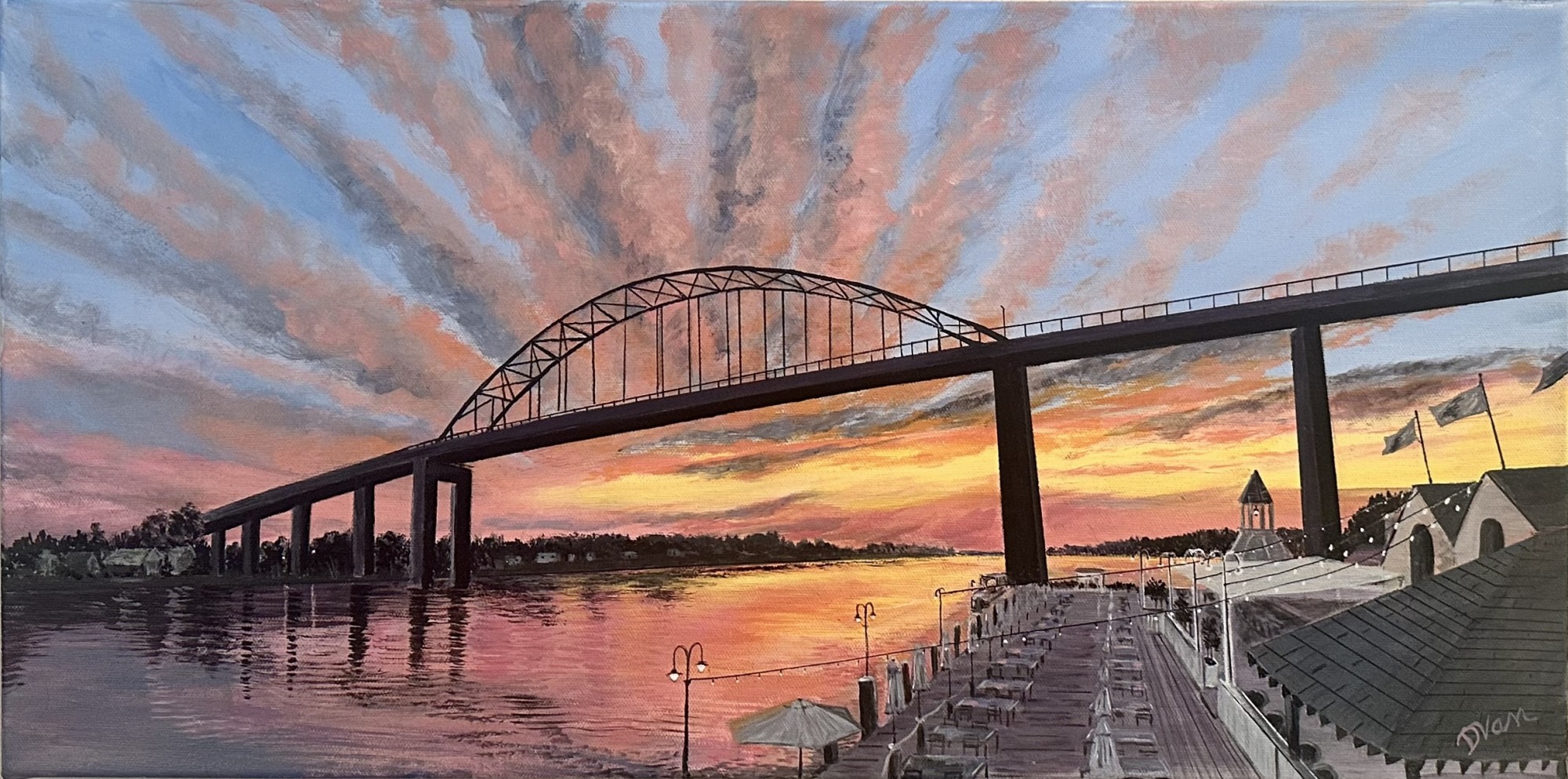 A September sunset appears behind the Chesapeake City Bridge , a view from Shaffer's restaurant. Acrylic