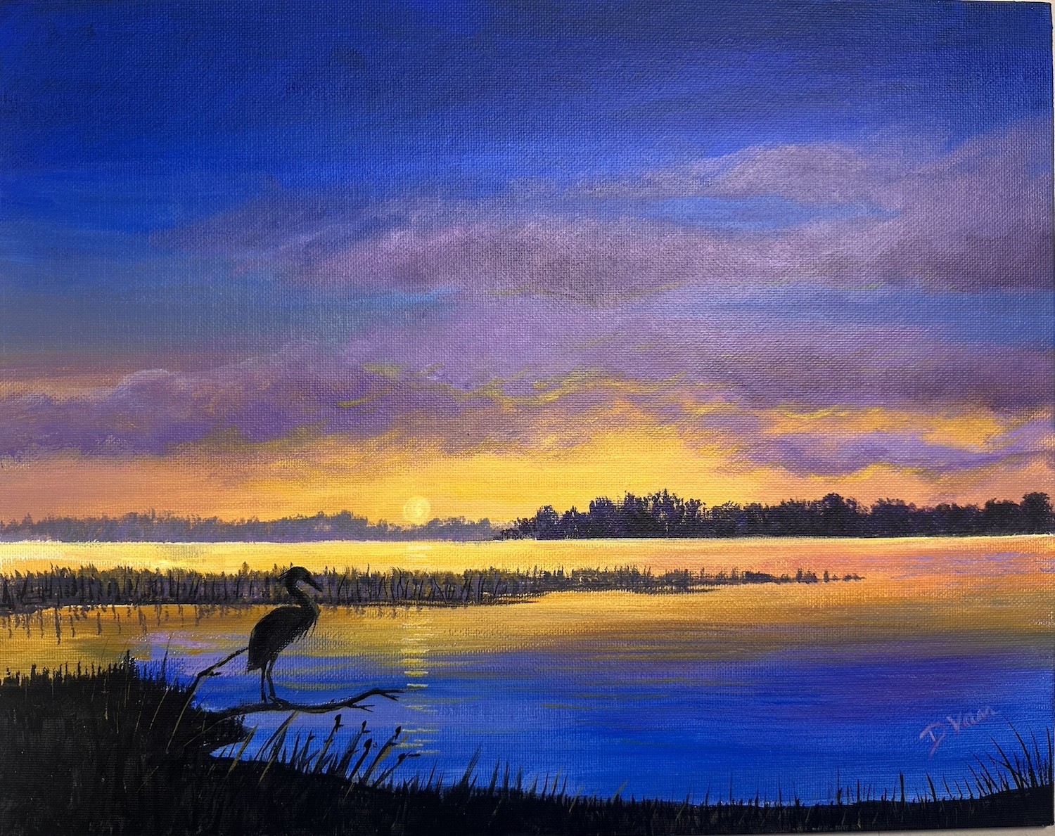 a heron in silhouette looking out over the marsh along St. Augustine road