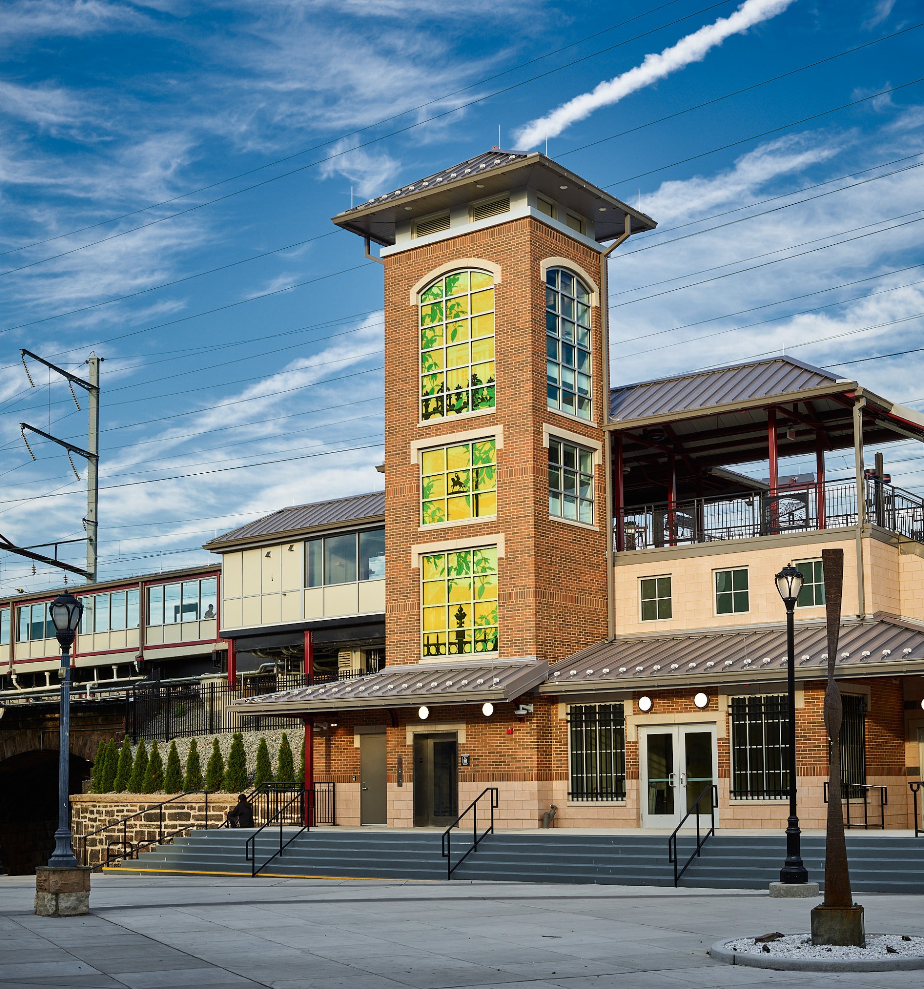 one of four glass elevator towers designed for the Elizabeth Station