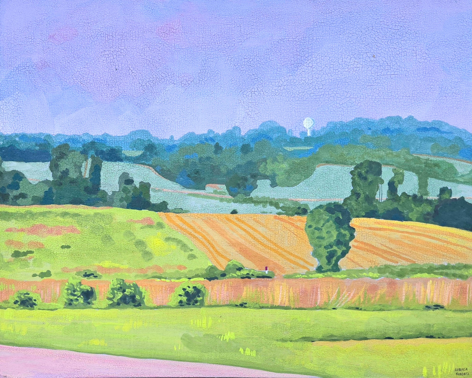 A vibrant gouache painting with a misty purple sky, and green and orange fields. The fields roll into distance hills covered in darker green foliage.