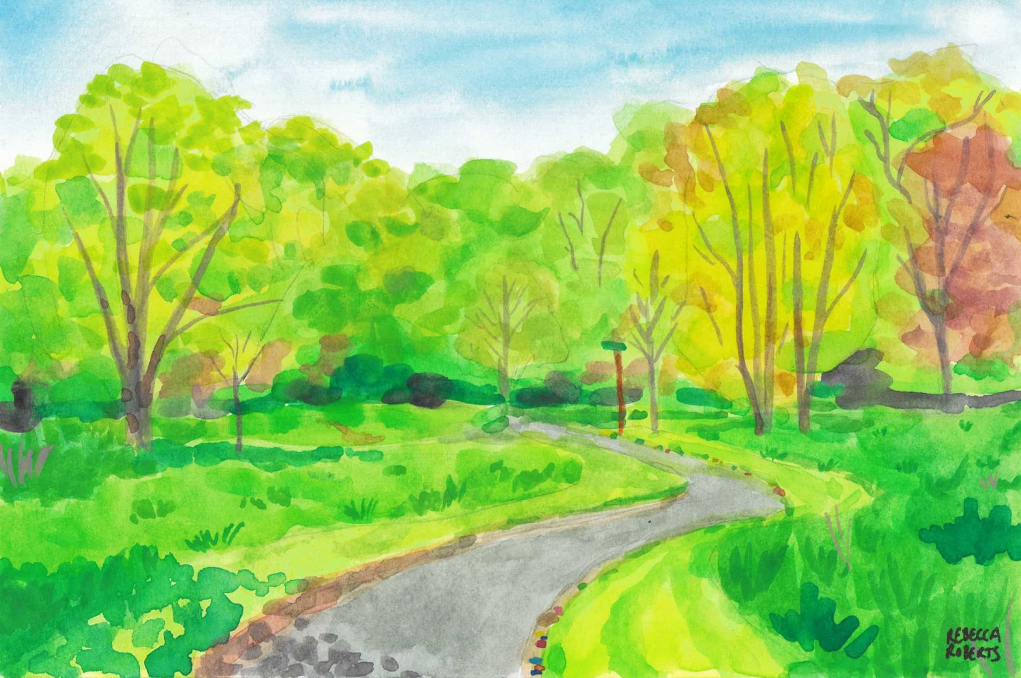 A bright watercolor landscape of a winding park path. The surrounding meadow and treeline are vibrant with yellows greens, and pinks of a sunny spring day.