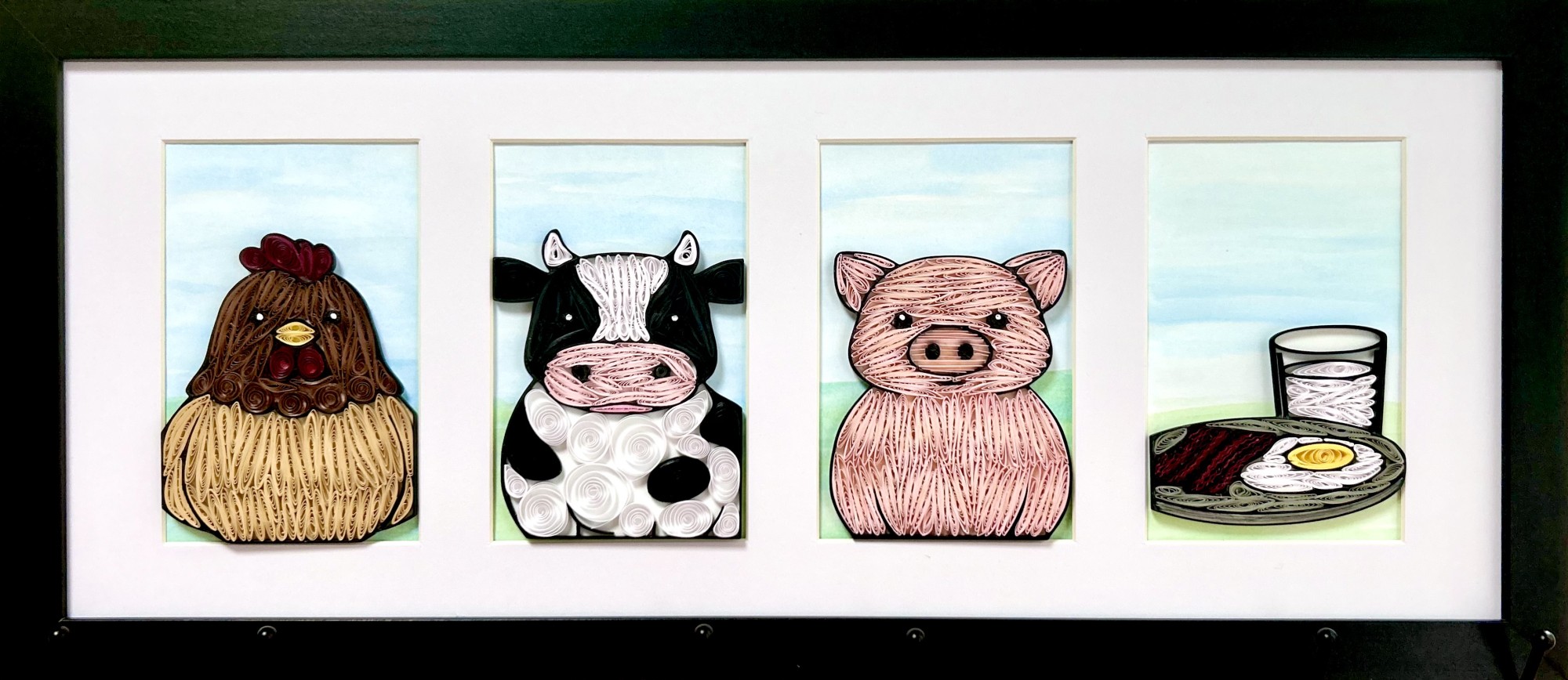 A chicken, a cow, a pig, and a plate of breakfast (bacon, eggs, and a glass of milk); made with paper, PLA, and mixed media