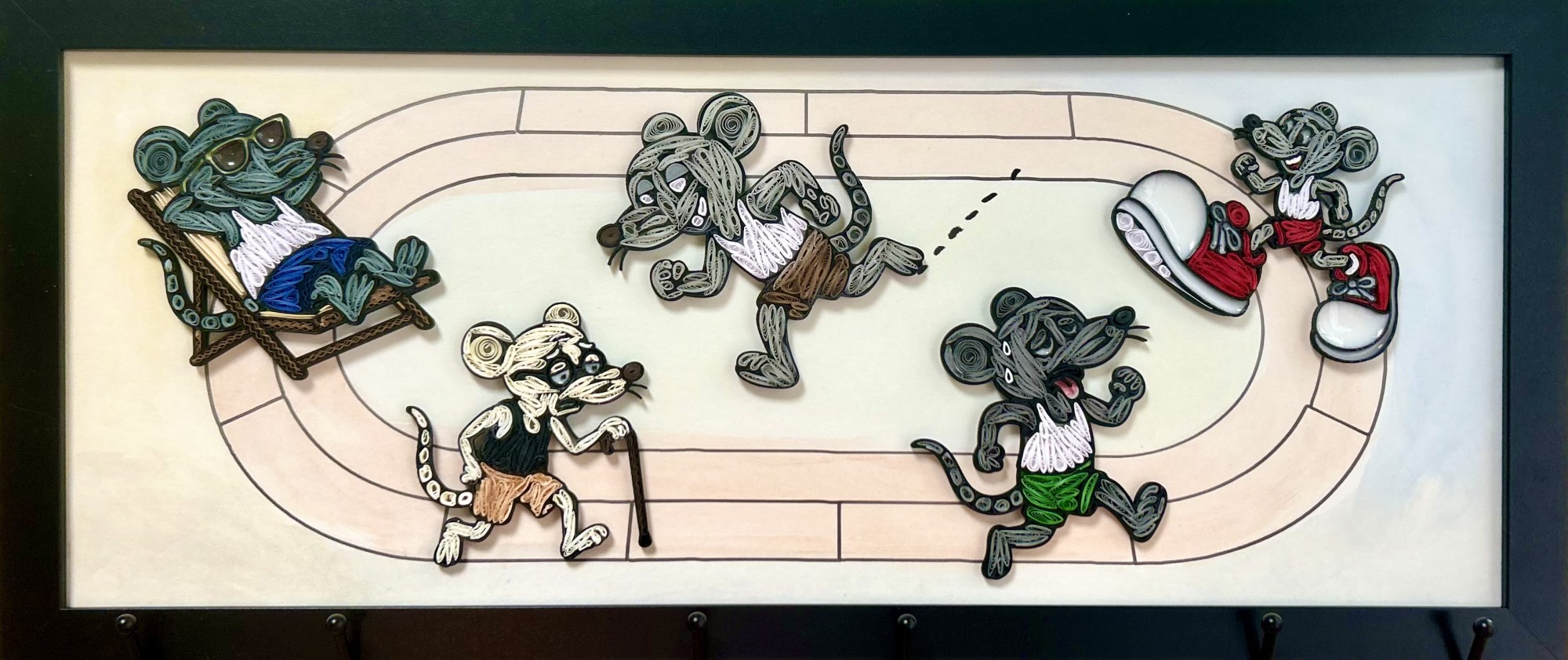 5 rats running in a race; made with paper, PLA, and mixed media