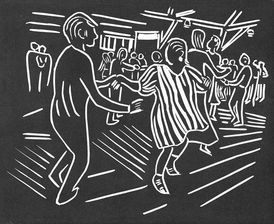 Linoleum block print of contra dancing at Gild Hall in Arde, Delaware.