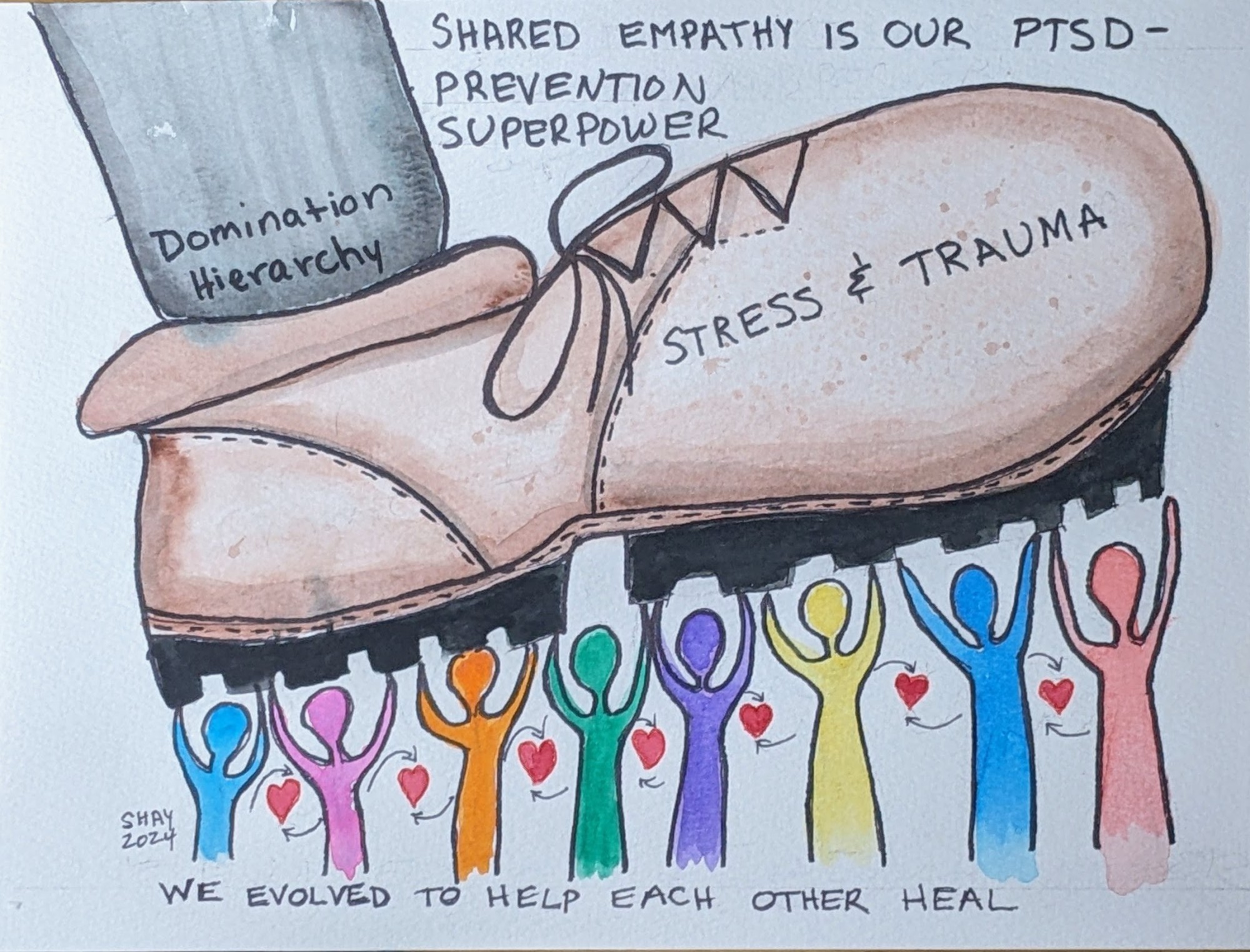 A giant boot of oppression threatens to crush the variety of people beneath it, but through connection and collective action, they keep the boot from crushing them.
