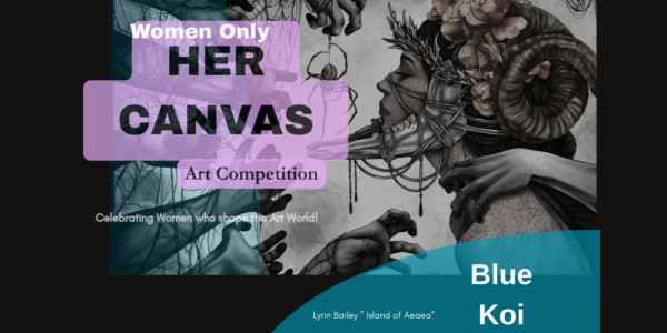 A purple box and a blue box with text stating submission details. The background is an illustration of a woman in black and white facing the left, with hands reaching out to her in front of her face.