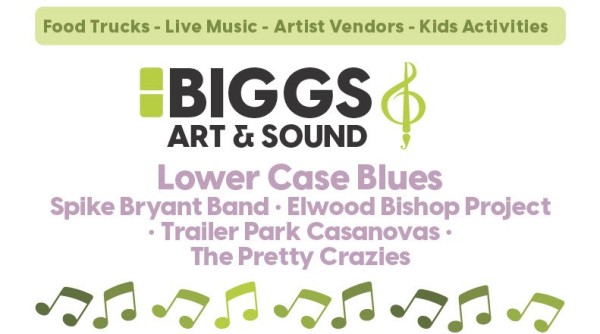 Black and lavender text stating event details with green music notes on the bottom, all on a white background.