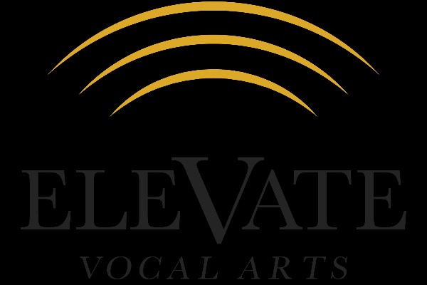 Gray text stating 'Elevate Vocal Arts' on a black background, with three yellow arches stacked on top of each other.