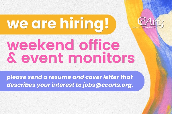 White and pink text stating event details on a white background, with colorful paint streaks on the right border.