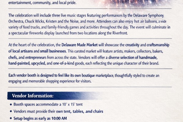 One day festival on July 4th from 2-10 pm representing DE Made artists and vendors.