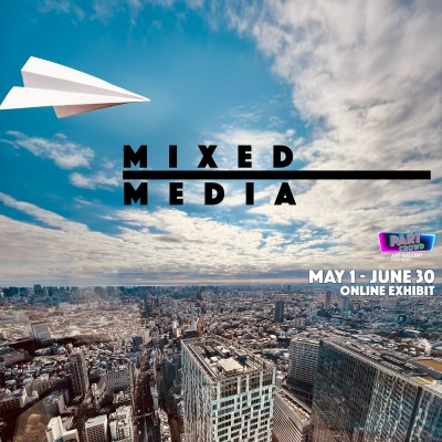 A high-above view of the city of Toronto with a blue sky. Overlayed is a paper plane, black text, and white text stating event details.