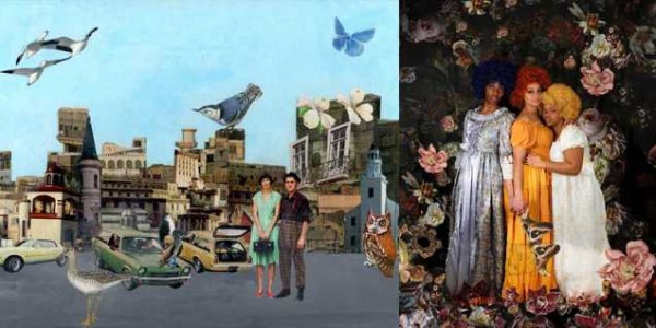 On the left is a collage of a man and a woman standing in a city with a blue sky, buildings, cars, and birds. On the right is a digital photo of three black women in dresses holding each other, with flowers surrounding them.