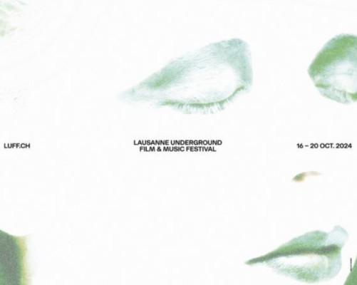 A duo chrome photo of a face, green and white, with black text on top.