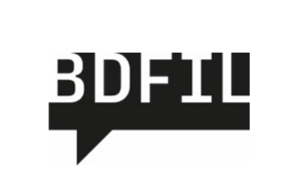 White text stating 'B D F I L' in a black, square speech box, on a white background.