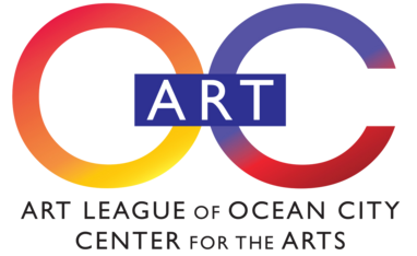 In rainbow gradient text, the letters 'O C,' with a blue box stating 'art' in the middle, and black text on the bottom stating 'Art League of Ocean City Center for the Arts'