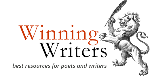Red and black text stating 'Winning Writers, best resources for poets and writers,' with a black illustration of a lion holding a quill and ink to the right.
