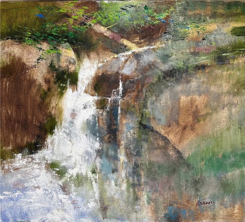 An oil and pastel painting by Albert Handell of an abstract waterfall.