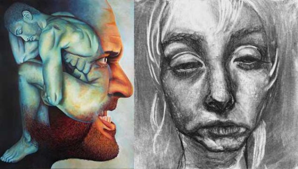 On the left is a painting by Melissa Carubia, of a sad, blue/green nude man sitting, blended with an angry orange face. On the right is a charcoal drawing by Olivia Squires, of a pouting female face looking tires.