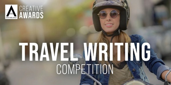 A woman on a motor bike wearing a helmet and sunglasses, with white text on top reading 'Creative Awards' in the top left corner, and 'Travel Writing Competition' in the center.