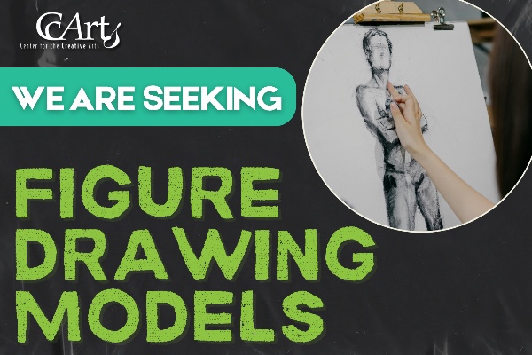 On the right is a circle with a drawing of a nude man. On the left is green text stating event details on a dark gray background.