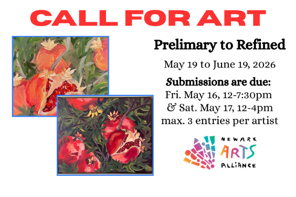 Two artworks, one a loose painting, the other a finished artwork, both depicting pomegranites.