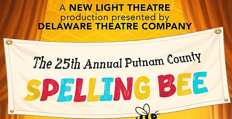 A white banner with black and rainbow text stating 'The 25th Annual Putnam County Spelling Bee,' on a white background. On top is more information in black text.