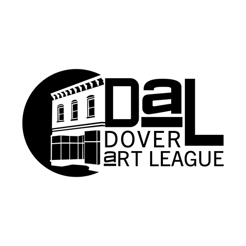 Black text stating 'DAL Dover Art League.' To the left of it is a flat black illustration of a two story building.