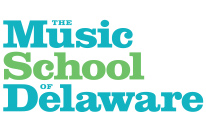 Teal and green text stating 'The Music School of Delaware.'