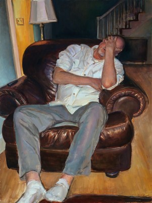 A painting of a man sitting in a living room chair, face palming. White text over top stating event details.