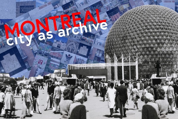 A collage of different locations in a blue filter, with a black and white image of people walking towards a spherical monument over top, with red and white text on top.