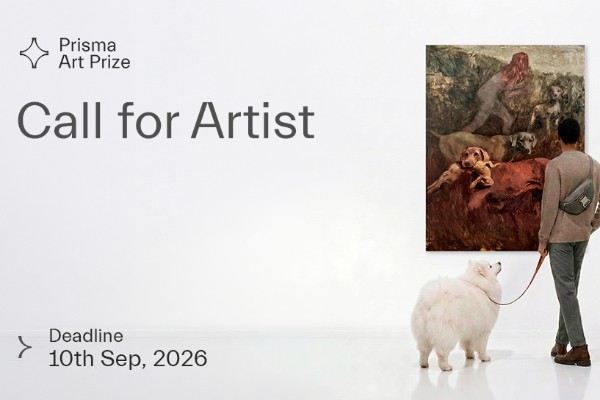 A man with a fluffy white dog on a leash looking at a painting on a white wall. To the left is black text stating event details.