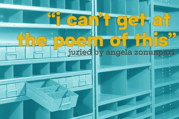 Yellow text in quotes stating 'i can't get at the poem of this,' and smaller black text stating 'juried by angela zonunpari.' The background is a tinted blue picture of empty filing shelves.