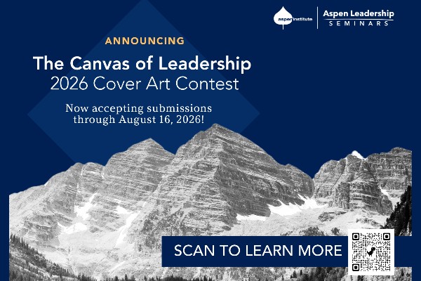 An image with the Aspen Leadership Seminars logo and titled "Announcing The Canvas of Leadership 2026 Cover Art Contest, Now accepting submissions through August 16, 2026!" with a blue background and backdrop of the Aspen mountains. In the bottom-right corner there is a QR code that links to the cover art contest landing page.