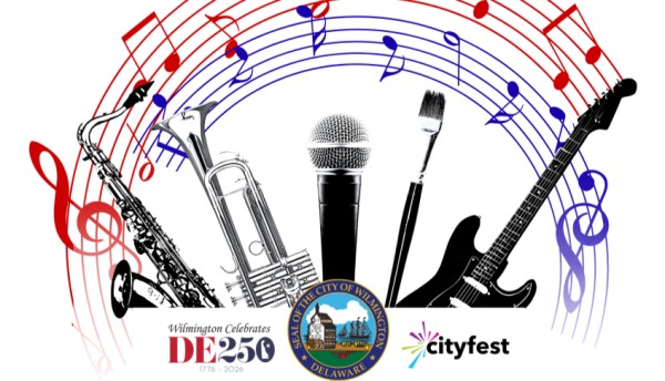 A silver saxophone, trumpet, microphone, paintbrush, and guitar in a row, with blue and red music notes above them on a white background.
