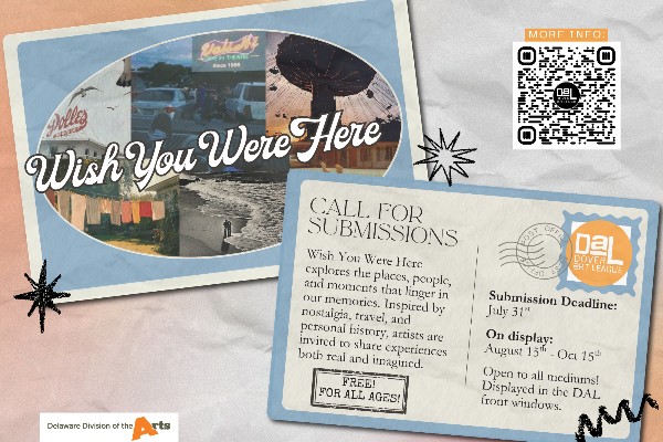 The front and back of a postcard, with the front stating 'Wish You Were Here' and the back stating opportunity details.