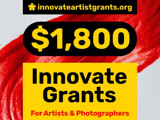 Yellow text in a black bubble above a yellow box with black and red text, stating opportunity details. The background is a red paint smear on white.