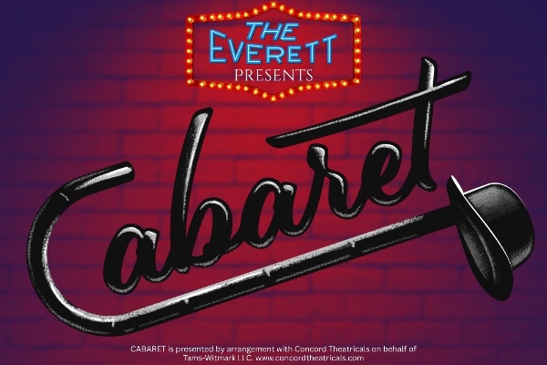 Black text with a cane and top hat forming the letter 'C,' all making the word 'Cabaret.' Smaller blue text above it stating 'The Everett Presents.' On a red and purple brick wall.