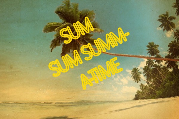 Yellow text on a yellowed picture of a beach.