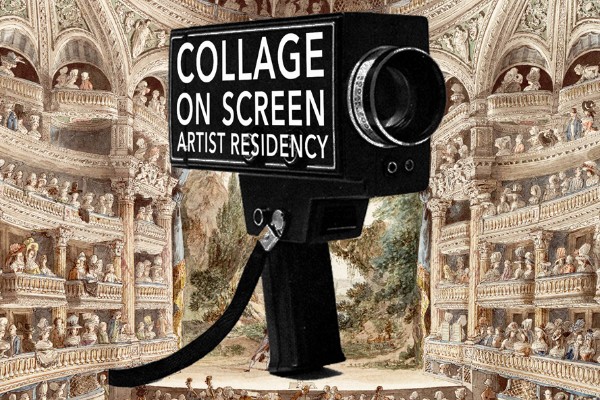 An old video camera with white text on it stating opportunity details. The camera is photoshopped onto an old painting of a theatre.