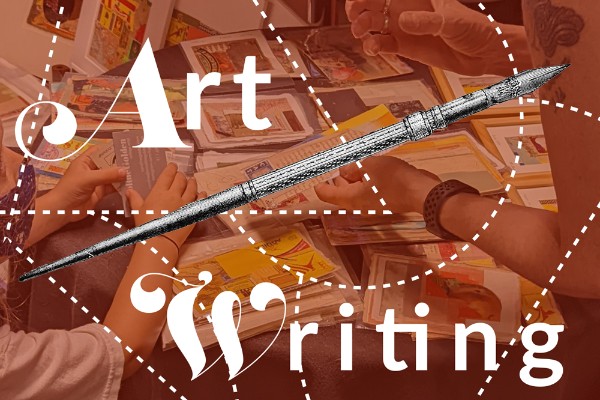 White text stating 'Art Writing' over a photo of hands at a table full of paper, overlayed with orange.