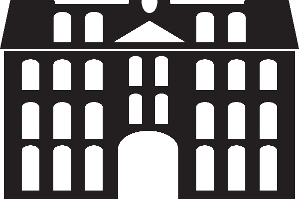 A flat black graphic of a four-level building with windows and an arch in the middle.