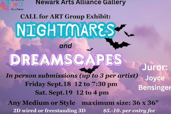 A purple sky background with black, blue, and purple text stating event details.