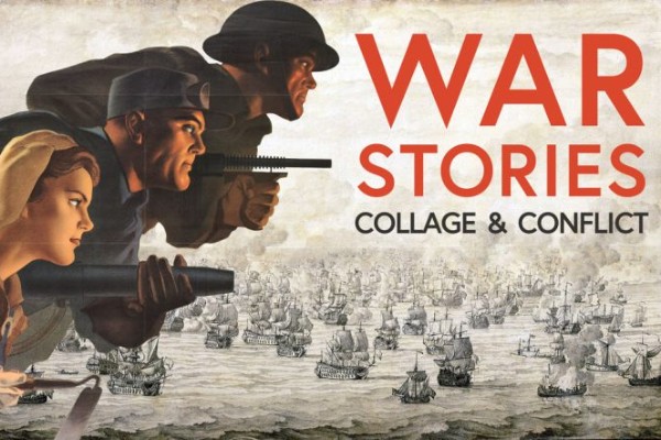 Three military members overlapping a black and white image of war ships. Red text stating event details.
