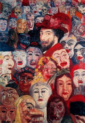 A painting of many masks and faces.