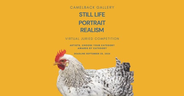 Teal text on a yellow background with a chicken.
