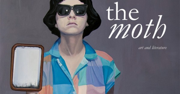 A painting of a white woman in sunglasses and a colorful patterned dress, holding a shiny rectangular object. To her right is white text stating magazine info.