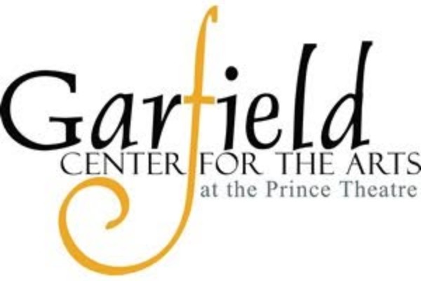 Black text with a gold accent stating 'Garfield Center for the Arts at the Prince Theatre' on a white background.