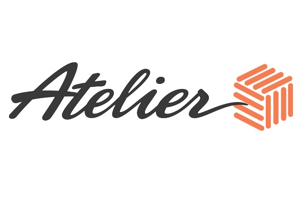 Atelier Logo Black lettering with orange abstract box